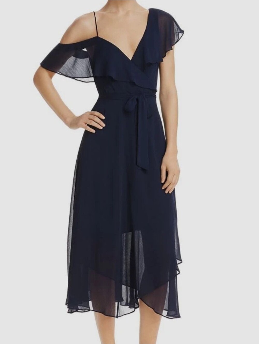 WAYF Women's V-neck Wrap Midi Cocktail Flutter Chiffon‎ Dress Navy Blue Size S